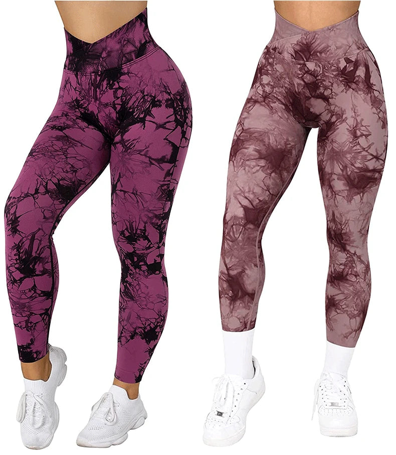 Women Cross Waist Leggings Seamless Tie Dye Leggings High Waist Hip Liftting Gym Workout Running Fashion High Elastic Knit Pants