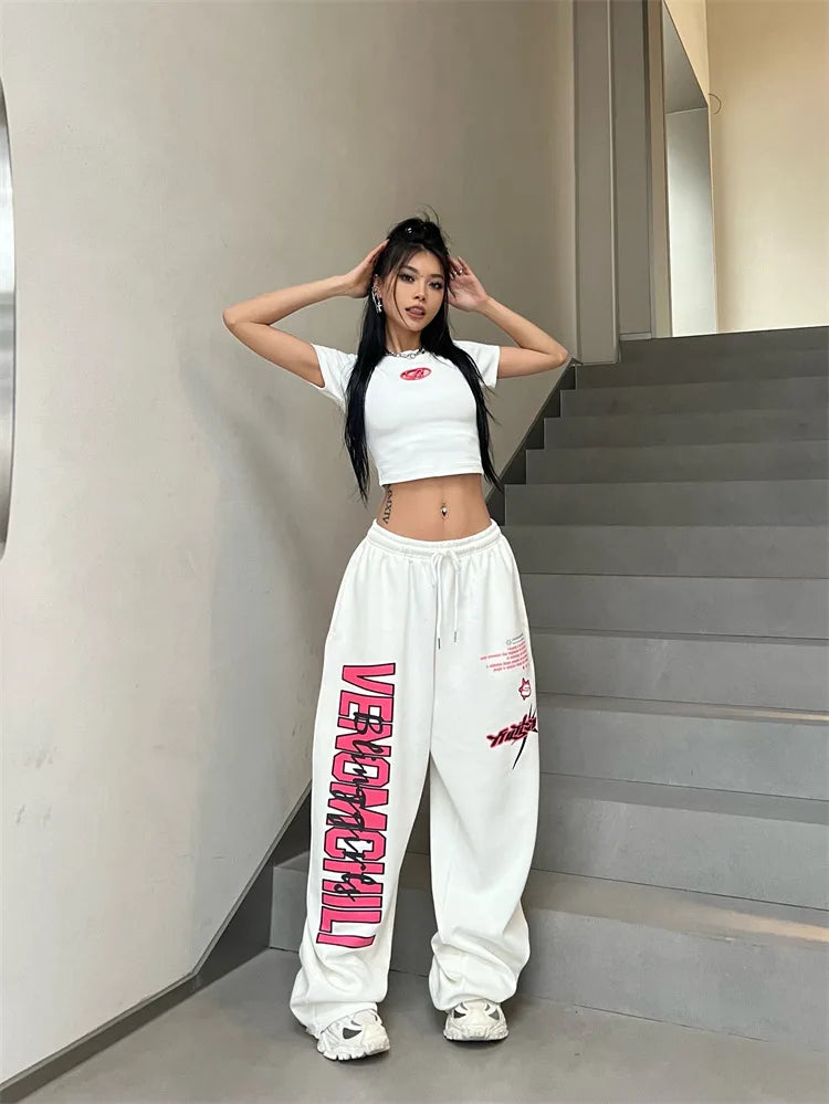 New Y2K Streetwear White Track Pants Women Harajuku Hippie Wide Leg Sweatpants Oversize Quick Dry Printed Joggers Trousers