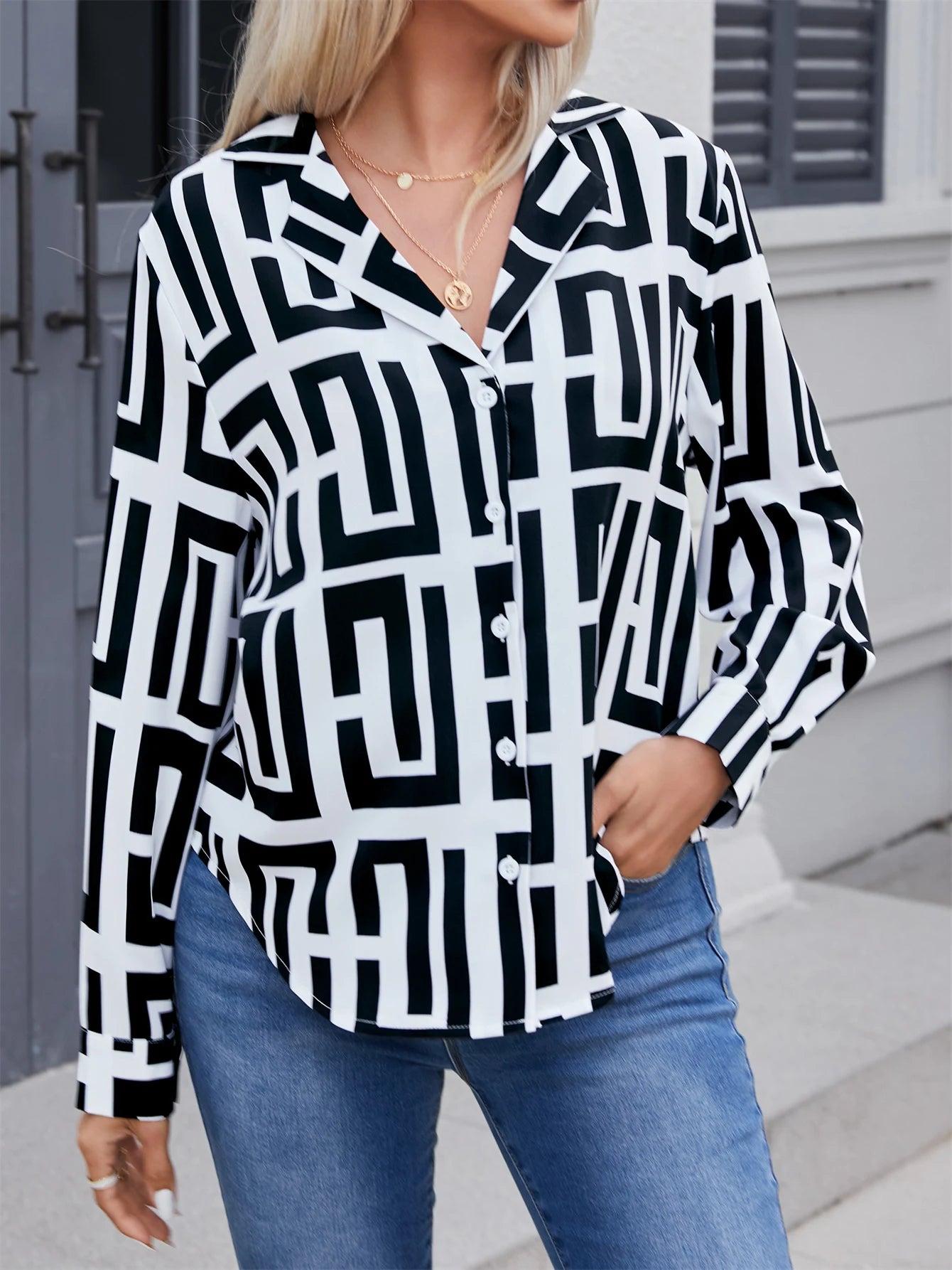 2024 Elegant geometric printed long sleeved shirts For Women Fashion Suit Collar Button Front Blouse