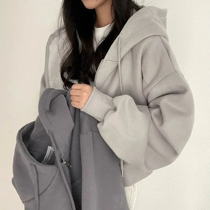 2023 Autumn/Winter New Fleece-Lined Versatile Fashion Cropped Slim Zippered Warm Solid Color Hooded Sweatshirt For Women