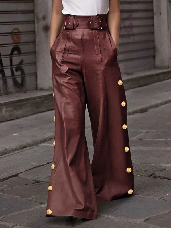 Modigirl Fall Winter Women's Faux Pu Long Pants 2024  Loose Pleated Button Streetwear High Waisted Wide Leg Trousers for woman