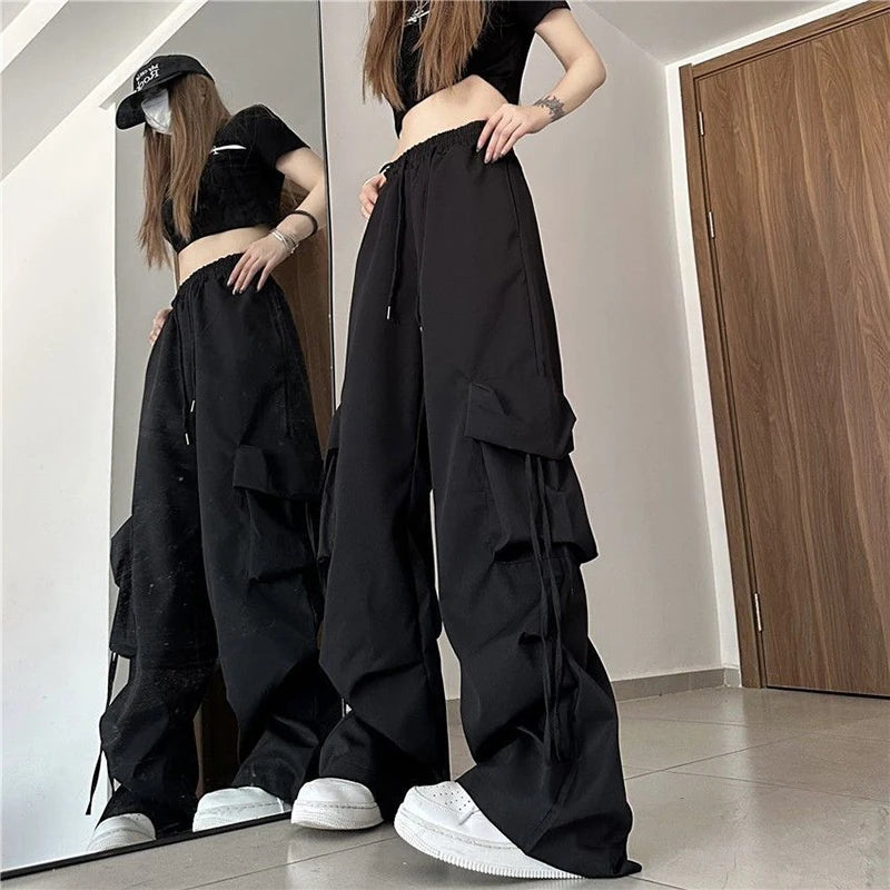 Zoki Harajuku Women Cargo Pants Streetwear Y2K Hip Hop Black Trousers Fashion High Waist Lace Up Female Loose Design Pants New