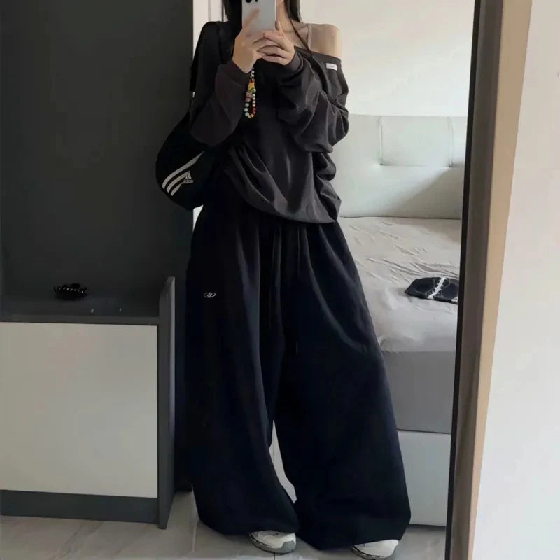 Oversize Cotton Woman Black Sweatpants Y2K Korean Streetwear Loose Casual Jogger Pants High Waist All Match Drawstring Trousers