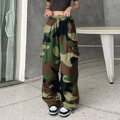 Womens Baggy Cargo Camo Print Pants Streetwear Hip Hop Joggers Sweatpants Drawstring Casual Loose Wide Leg Womens Sports Pants