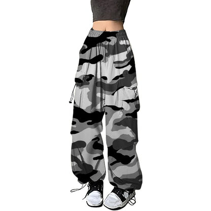 Womens Camo Print Baggy Cargo Pants Streetwear Hip Hop Joggers Sweatpants For Women Loose Fit Drawstring Casual Loose Pants
