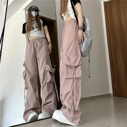 Zoki Harajuku Women Cargo Pants Streetwear Y2K Hip Hop Black Trousers Fashion High Waist Lace Up Female Loose Design Pants New