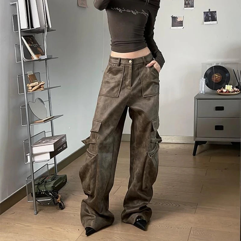 Deeptown Y2k Baggy Leather Cargo Pants Women America High Street Casual Trashy Wide Leg Trousers 2000s Harajuku Pantalones