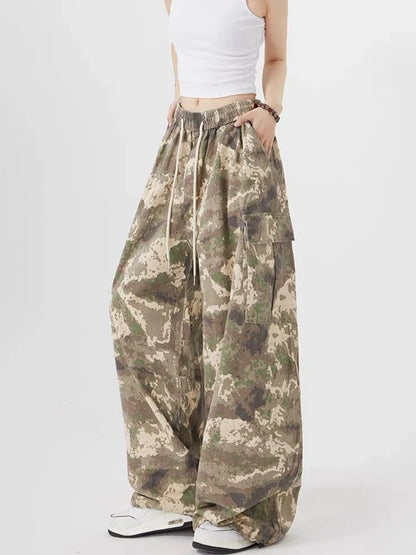 Zoki Streetwear Camouflage Cargo Pants Women High Waist Y2K Harajuku Wide Leg Trousers Vintage American Pockets Lace Up Pants