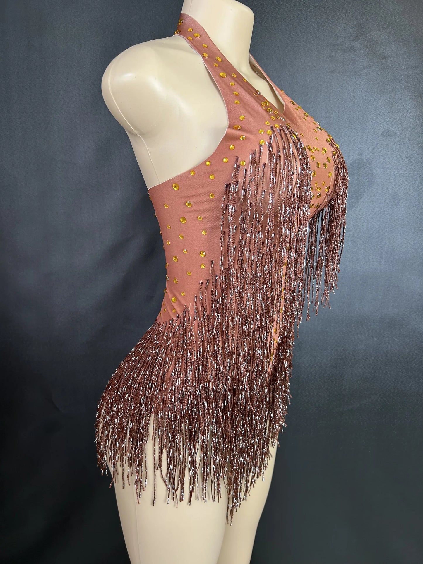 Sparkly Rhinestones Fringe Bodysuit WomenVightclub Party Dance Costume Stage Wear SexyTassel Leotard Performance Clothing 7G