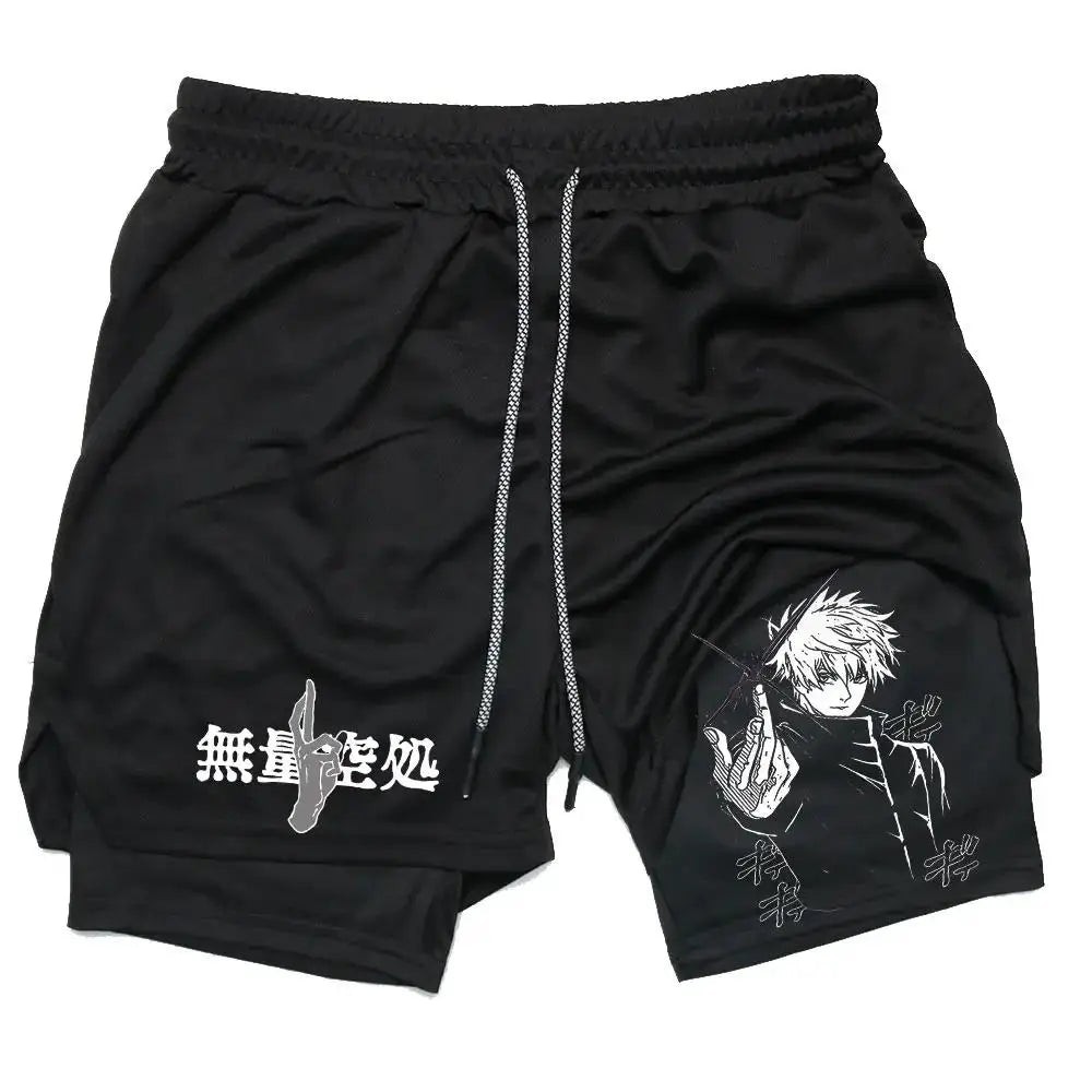 Anime Jujutsu Kaisen GYM Shorts Men Double-deck Sport Performance Shorts Fitness Workout Men Sportswear Bodybuilding Shorts