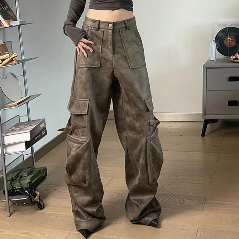 Deeptown Y2k Baggy Leather Cargo Pants Women America High Street Casual Trashy Wide Leg Trousers 2000s Harajuku Pantalones