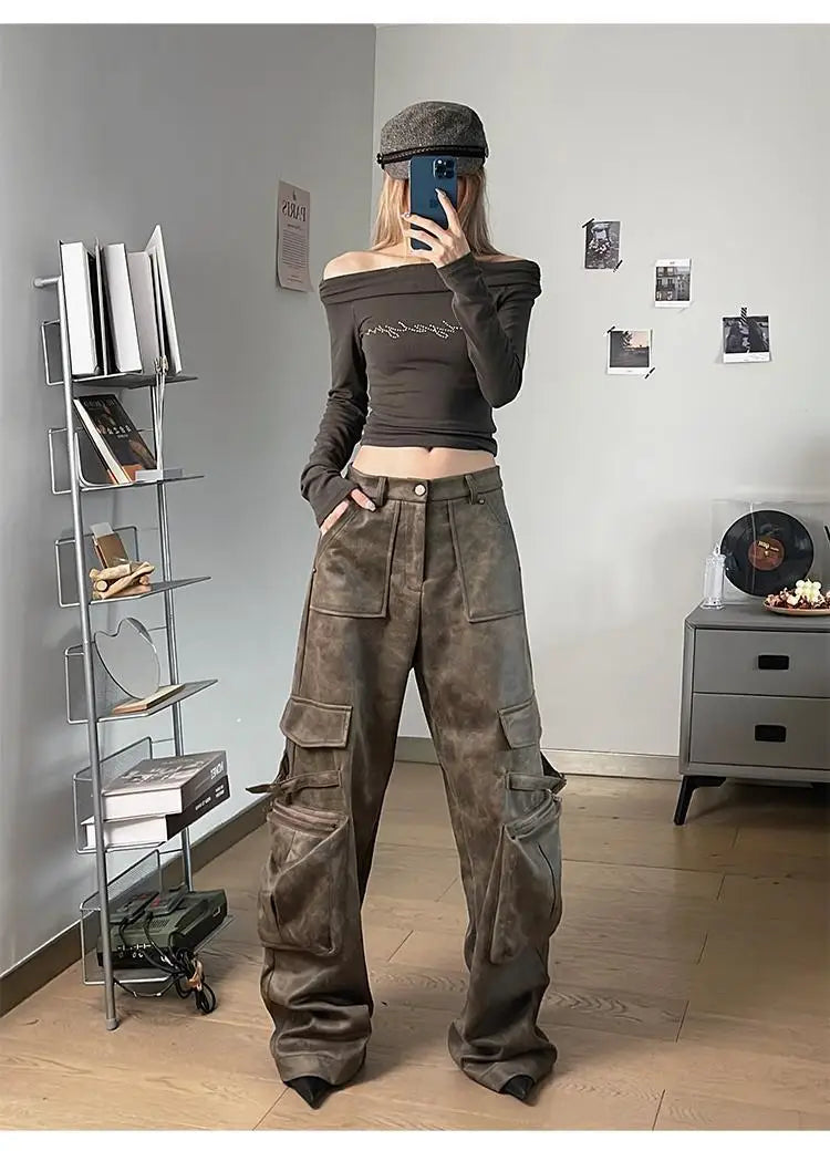 Deeptown Y2k Baggy Leather Cargo Pants Women America High Street Casual Trashy Wide Leg Trousers 2000s Harajuku Pantalones