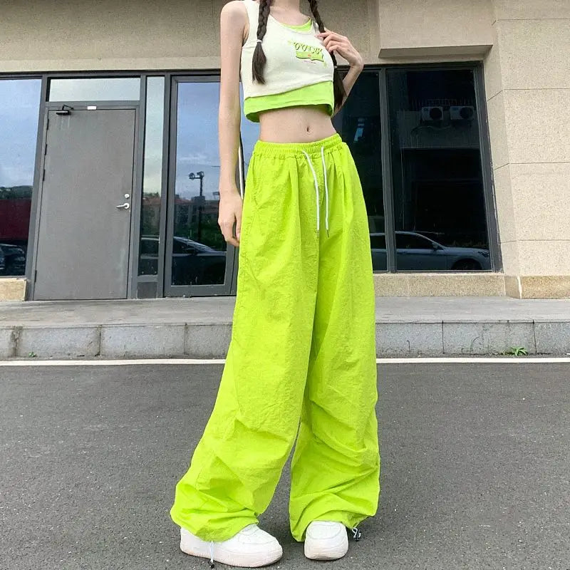 Rimocy High Waist Summer Cargo Pants Women Streetwear Drawstring Thin Parachute Pants Woman Solid Color Wide Leg Y2k Trouses