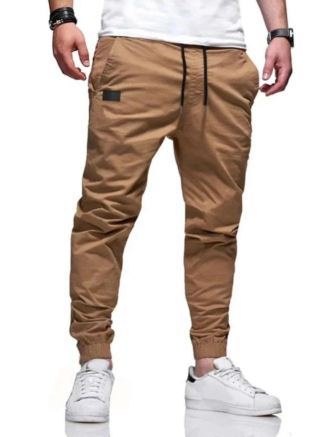 Cargo Pants Men Long Pant Lace Up High Elastic Waist Simple Splice Pockets Casual Regular Solid Autumn Winter Elastic Waist