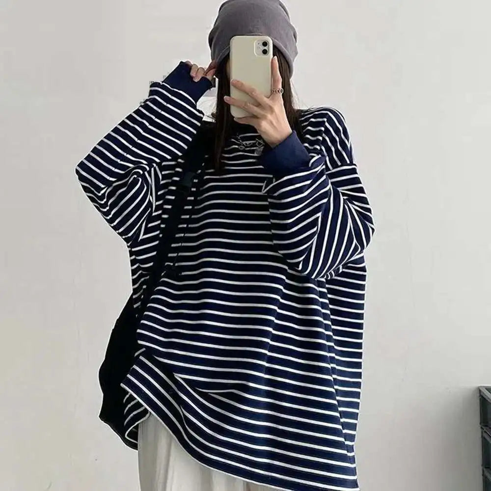 Plus Size 5XL 150KG Spring Harajuku Striped T Shirt Long Sleeve O Neck Loose Top Oversized t-shirt