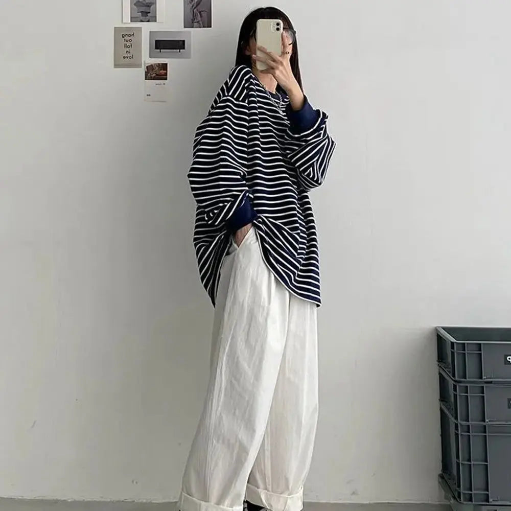 Plus Size 5XL 150KG Spring Harajuku Striped T Shirt Long Sleeve O Neck Loose Top Oversized t-shirt