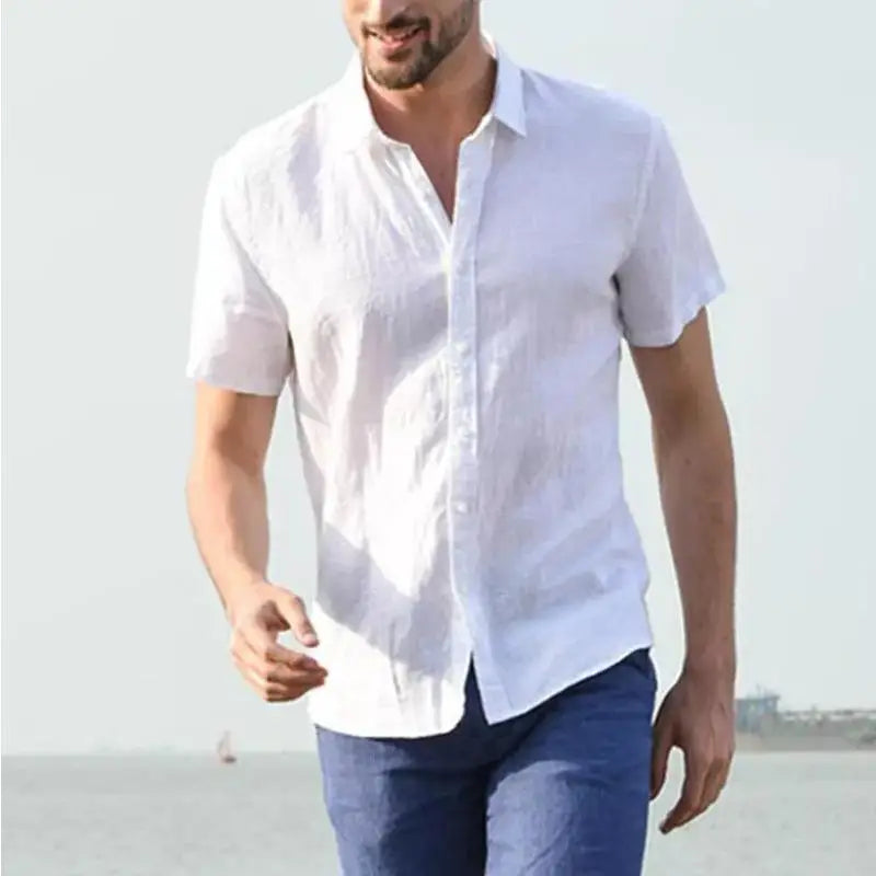 Summer Cotton Linen Shirts For Men Casual Short Sleeved Shirts Blouses Solid Turn-Down Collar Formal Beach Shirts Male Clothing