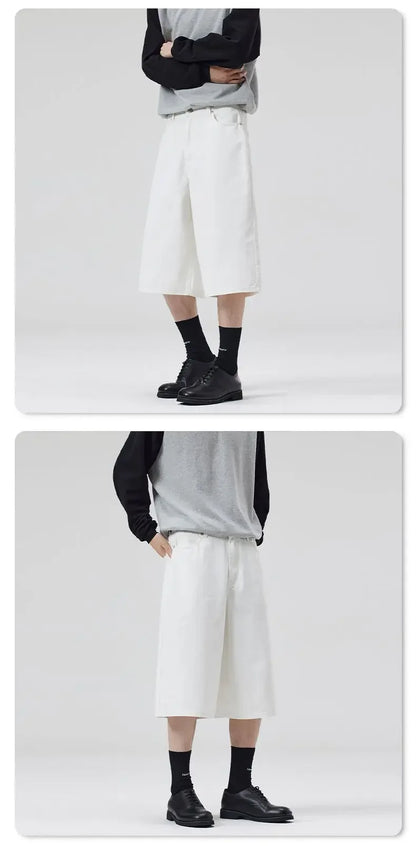 100% Cotton White Jeans Summer Men's Shorts Baggy Wide-leg Casual Calf-length Denim Pants Oversized Loose Fashion Streetwear