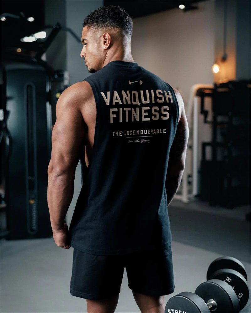 Gym exercise fitness sports men's vest cotton wide shoulder round neck sleeveless shirt slim casual men's wear