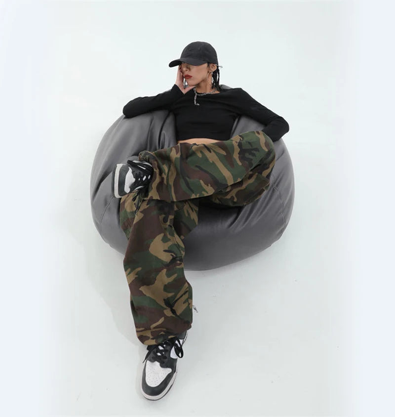 100% Pure Cotton Camo Cargo Pants Women Y2K Vintage Streetwear Joggers Sweatpants Bf Oversized Loose Hip Hop Wide Leg Trousers