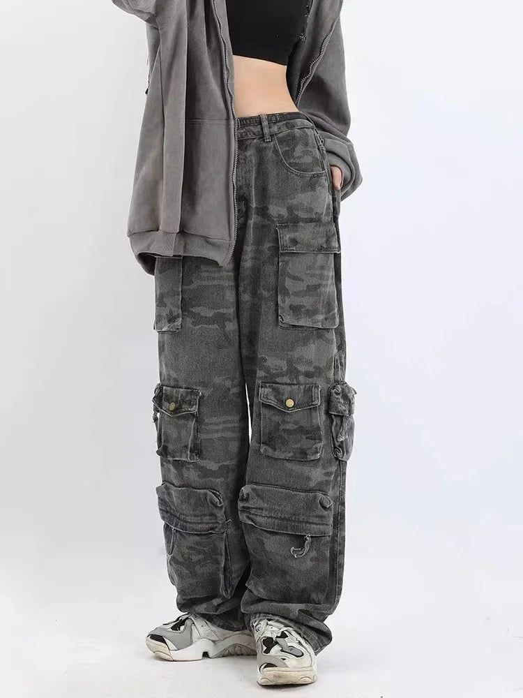 2023 American style retro street camouflage overalls women's hip-hop fried street wide-leg casual pants high street ins tide Y2K