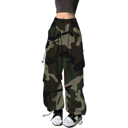 Womens Baggy Cargo Camo Print Pants Streetwear Hip Hop Joggers Sweatpants Drawstring Casual Loose Wide Leg Womens Sports Pants
