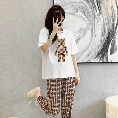 2 Piece Set for Women 2023 Summer Korean Fashion Bear Printed High Waist Wide Leg Pants Loose Short Sleeve T Shirt Women Clothes