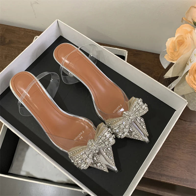 Liyke Fashion Design Crystal Bowknot Women Pumps Sexy Pointed Toe Clear High Heels Wedding Prom Shoes PVC Transparent Sandals