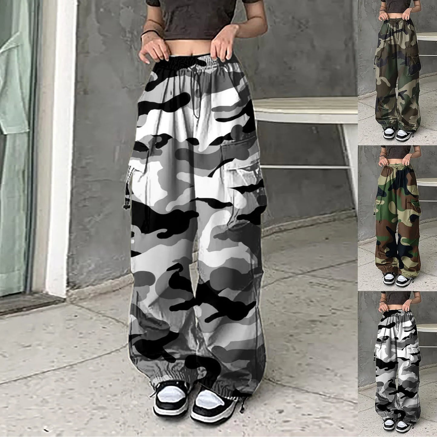 Womens Camo Print Baggy Cargo Pants Streetwear Hip Hop Joggers Sweatpants For Women Loose Fit Drawstring Casual Loose Pants