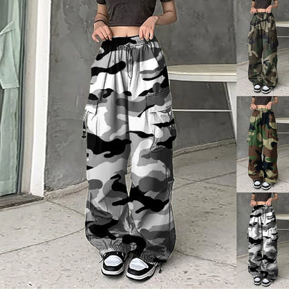 Womens Camo Print Baggy Cargo Pants Streetwear Hip Hop Joggers Sweatpants For Women Loose Fit Drawstring Casual Loose Pants