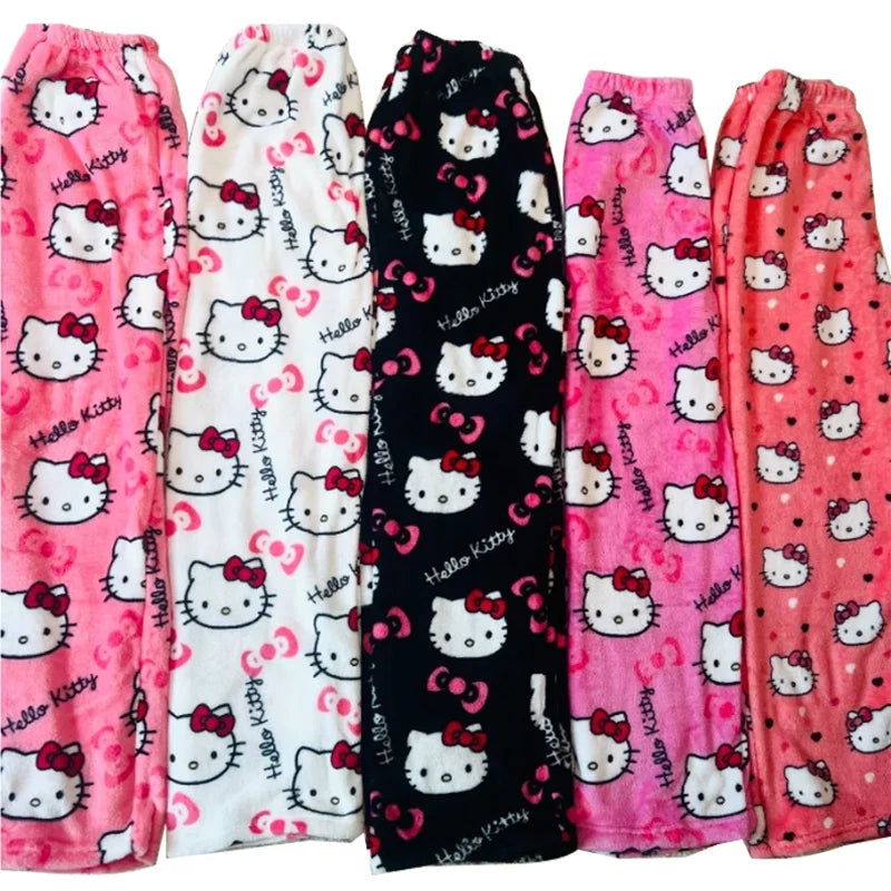 Kawaii Hello Kitty Pajamas Black Anime Flannel Women Warm Woolen Whitecartoon Casual Home Pants Autumn Fashion Trousers Gifts