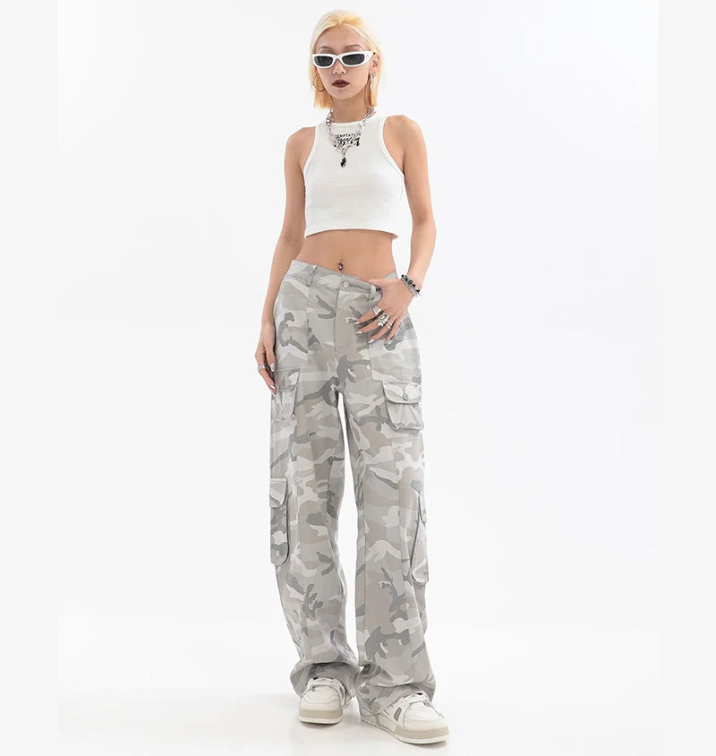 Female Hip Hop Grey Camouflage Cargo Pants American Style Y2K Oversized Loose Straight Wide Leg Pants Vintage Casual Sweatpants