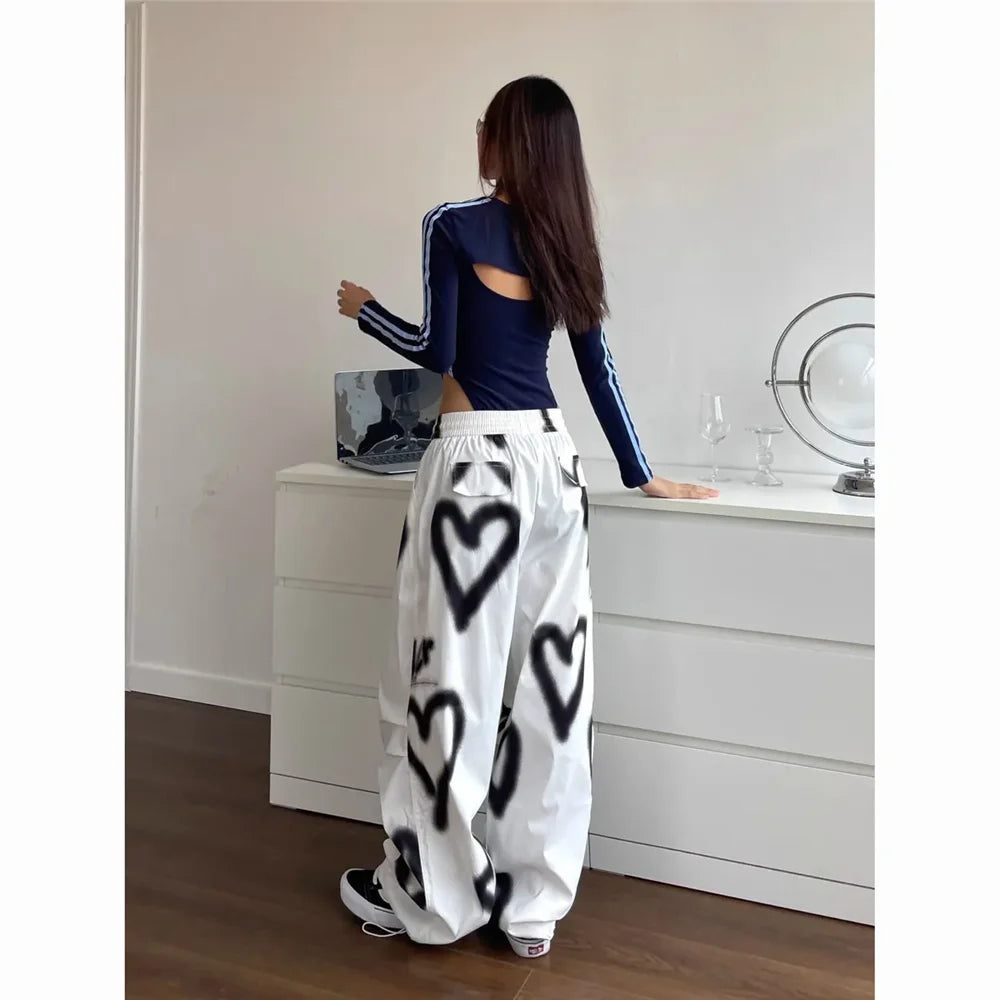 Love Graffiti Wide Leg Pants Women Y2K Elastic High Waist Streetwear Loose Drawstring Jogging Trousers Korean Casual Sweatpants