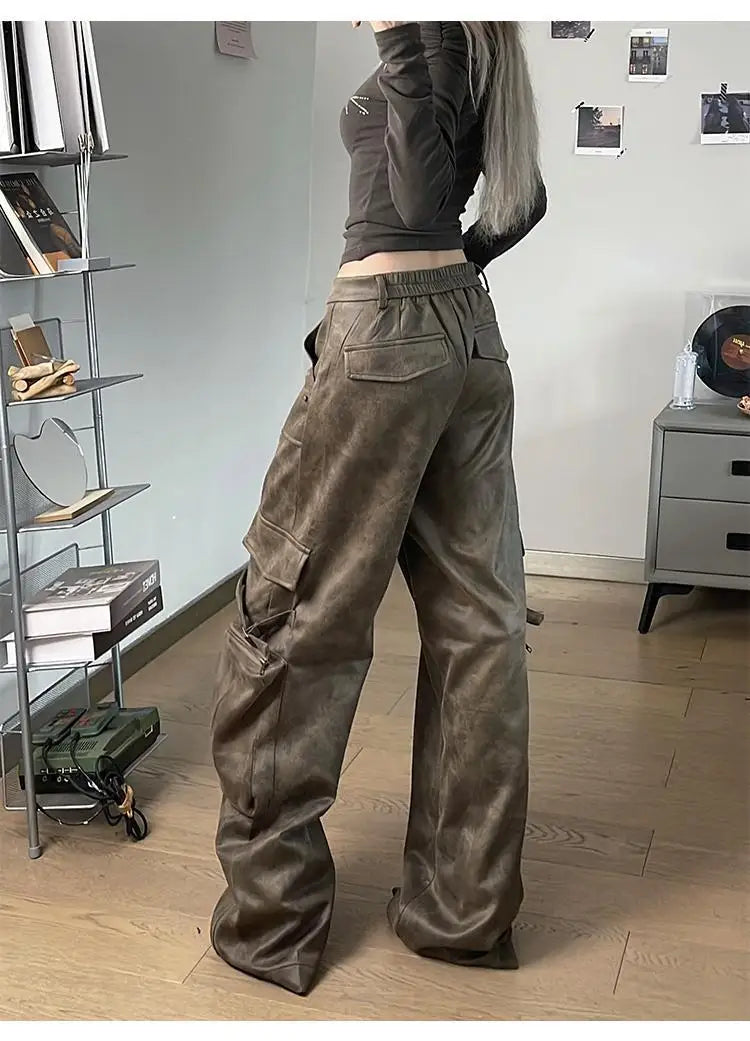 Deeptown Y2k Baggy Leather Cargo Pants Women America High Street Casual Trashy Wide Leg Trousers 2000s Harajuku Pantalones