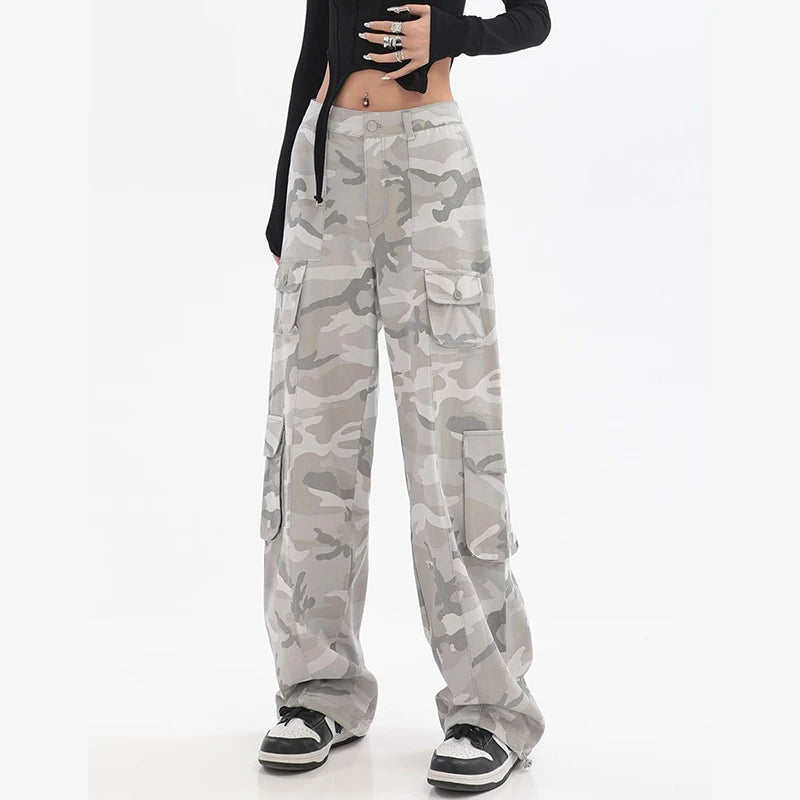 Female Hip Hop Grey Camouflage Cargo Pants American Style Y2K Oversized Loose Straight Wide Leg Pants Vintage Casual Sweatpants