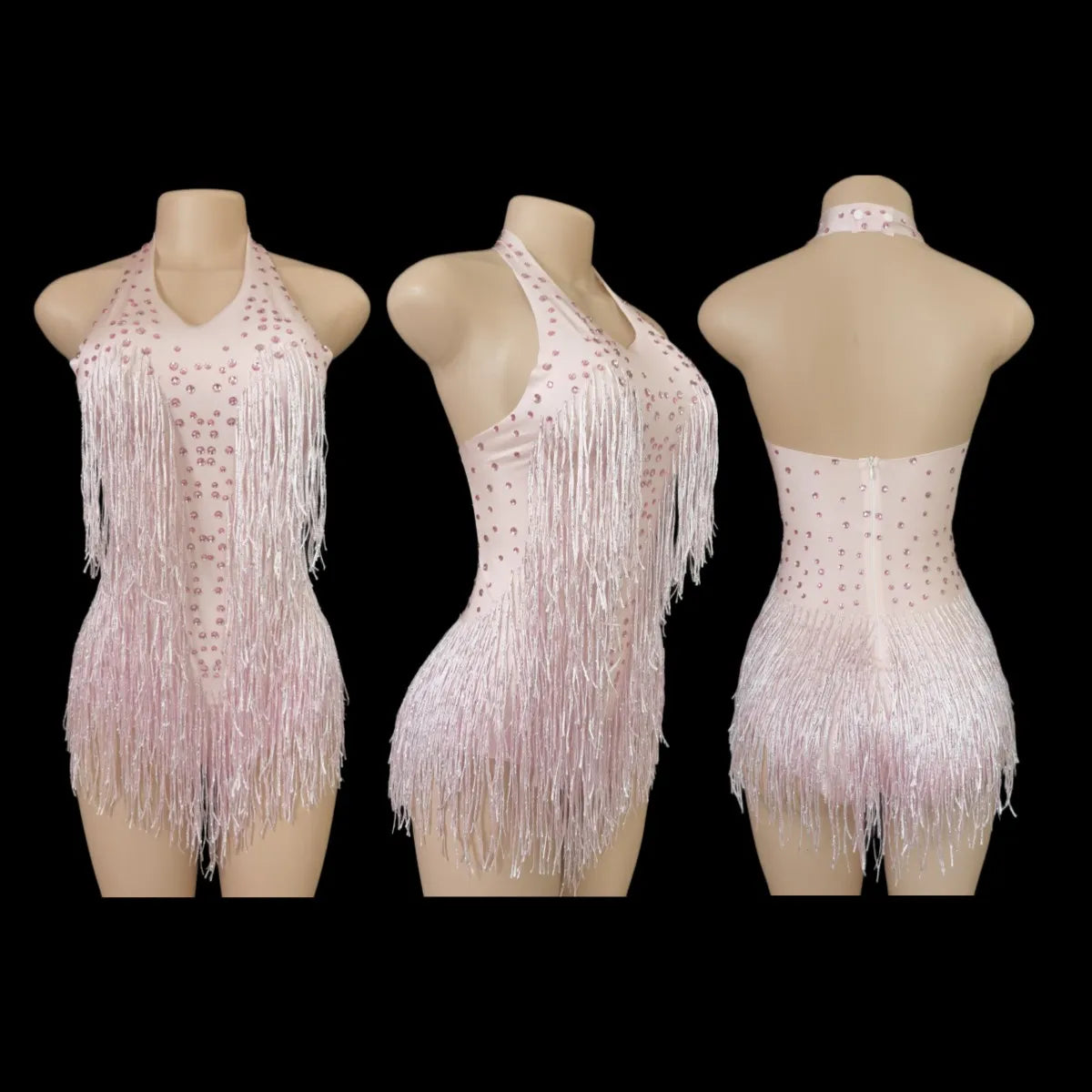 Sparkly Rhinestones Fringe Bodysuit WomenVightclub Party Dance Costume Stage Wear SexyTassel Leotard Performance Clothing 7G