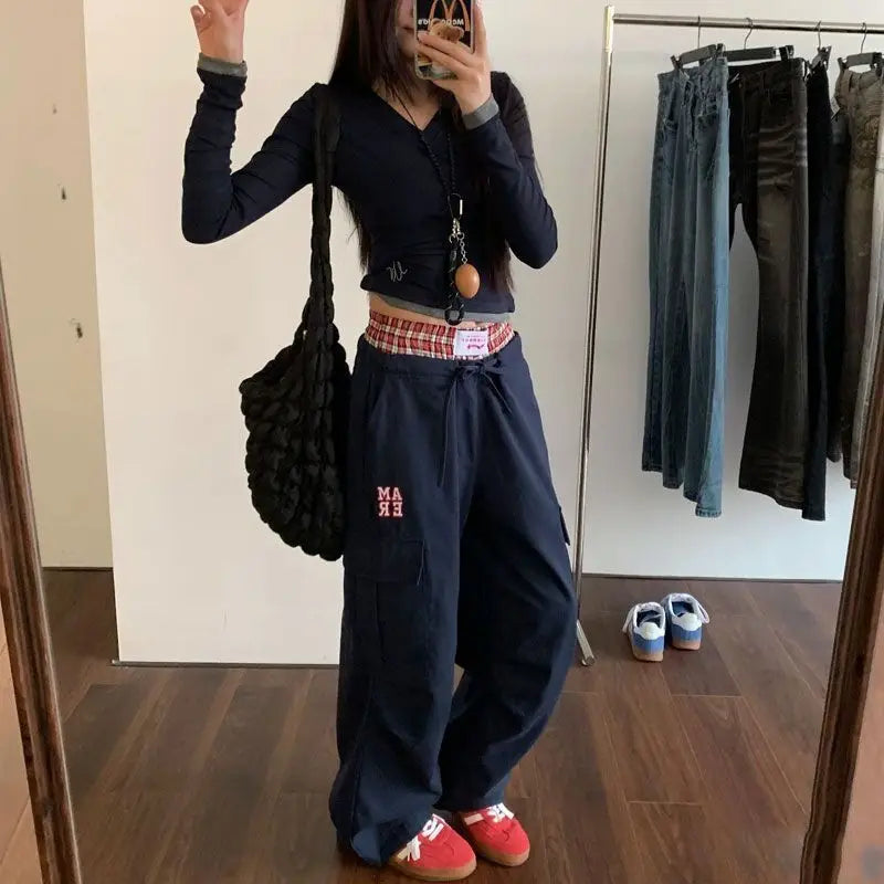 HOUZHOU Vintage Y2k Cargo Pants Women Baggy Embroidery Plaid Patchwork Trousers Slacks High Street Harajuku Wide Leg Sweatpants