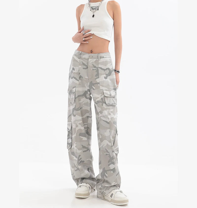 Female Hip Hop Grey Camouflage Cargo Pants American Style Y2K Oversized Loose Straight Wide Leg Pants Vintage Casual Sweatpants