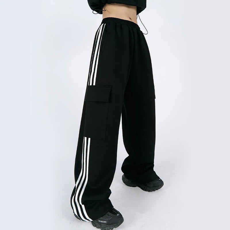 Jmprs Striped Women Cargo Pants American Style High Waist Fashion Y2K Streetwear Loose Wide Leg Pants Female Hip Hop Sweatpants