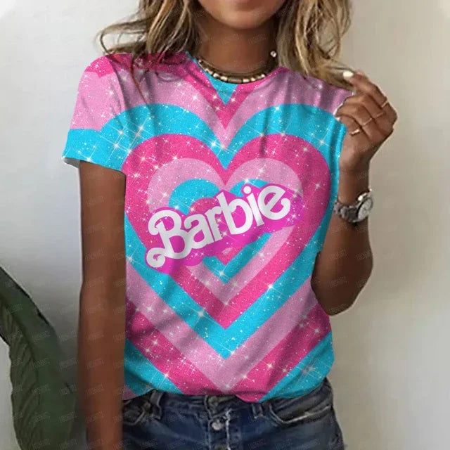 2024 Miniso Barbie Hot Print Student Casual Loose Short Sleeve Summer Crew Neck Breathable T Shirt Fashion Women Top