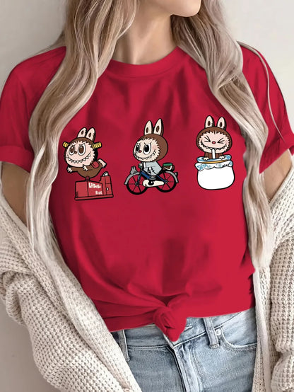 Women's Vibrant Green Cartoon Print T-Shirt Casual Sporty Style, Short Sleeves, Perfect for Spring & Summer, Labubu Pattern