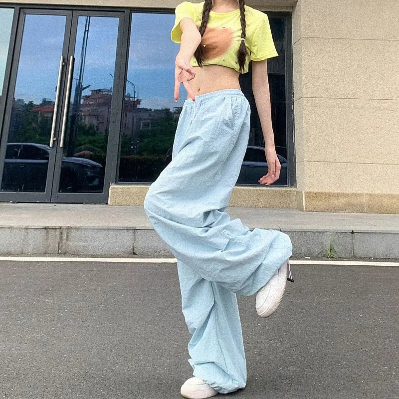 Rimocy High Waist Summer Cargo Pants Women Streetwear Drawstring Thin Parachute Pants Woman Solid Color Wide Leg Y2k Trouses