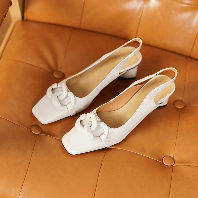 【JOCHEBED HU】new brand summer new style fashion women genuine personality leather buckle square toe thick heel shoes 34-43