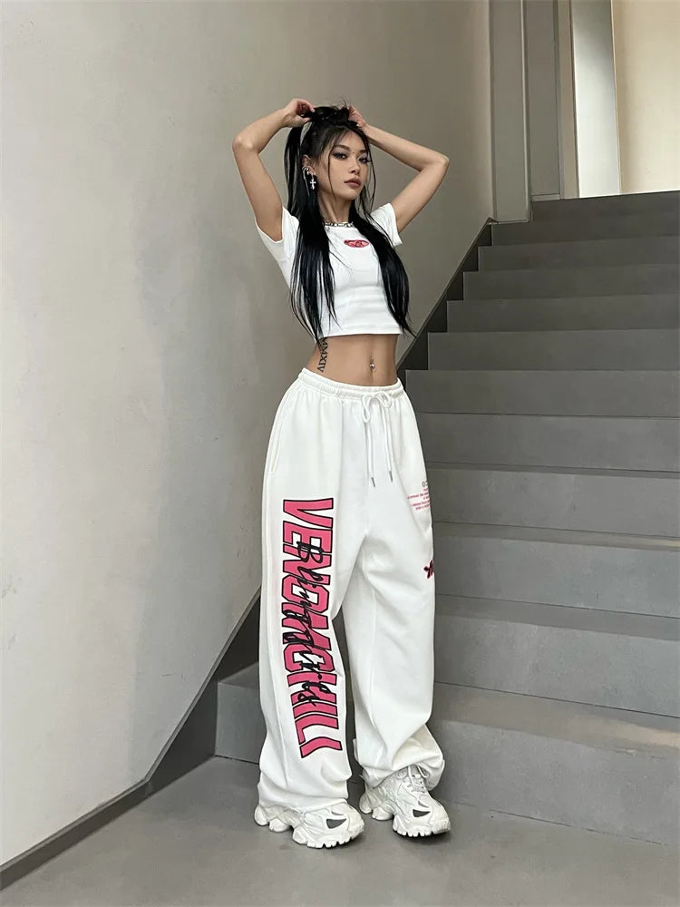 New Y2K Streetwear White Track Pants Women Harajuku Hippie Wide Leg Sweatpants Oversize Quick Dry Printed Joggers Trousers