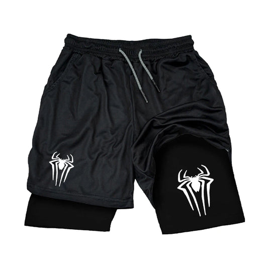 Y2K Performance Shorts Men Spider Printed GYM Casual Sports Compression Shorts Workout Running Mesh 2 In 1 Sport Short Pants