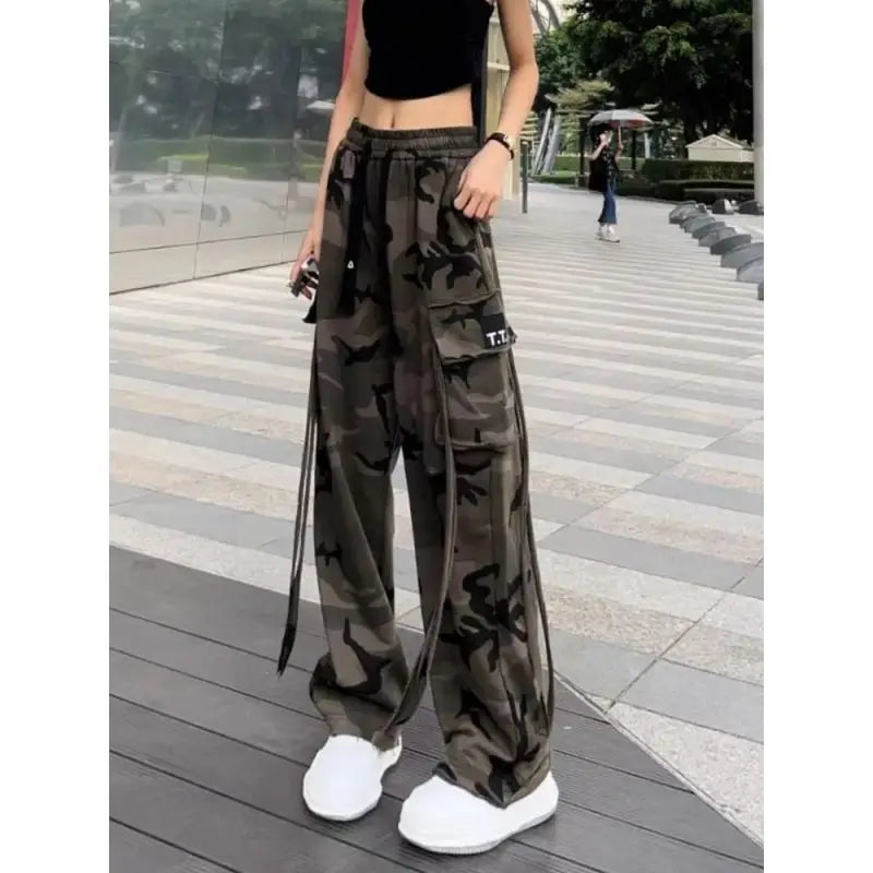 Women's Retro Camouflage Elastic Waist Pocket Drawstring Straight Tube Workwear Fashion Versatile Autumn New Loose Casual Pants