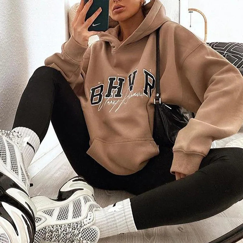 Harajuku Fashion Casual Women's Hoodie Autumn Winter Bhvr Game Letter Printing Plus Fleece Warm Long Sleeve Y2k Pullover Hoodie