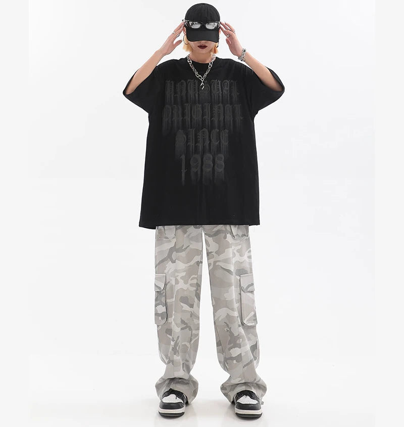 Female Hip Hop Grey Camouflage Cargo Pants American Style Y2K Oversized Loose Straight Wide Leg Pants Vintage Casual Sweatpants