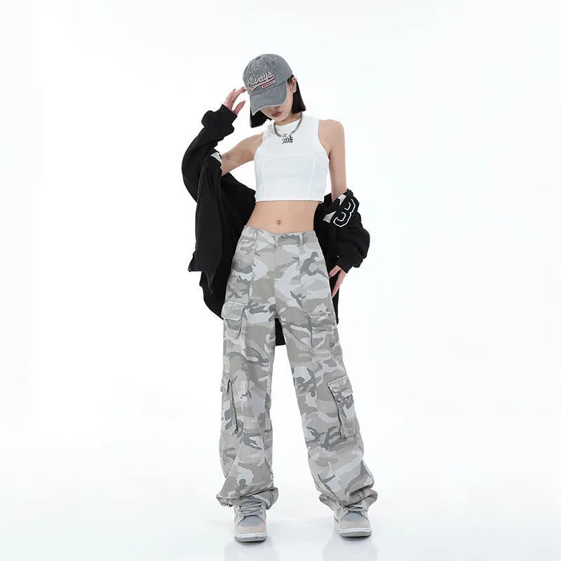 Streetwear Women Camouflage Cargo Pants Hip Hop Oversize Spring Autumn Straight New Wide Leg High Street Fashion Casual Trousers