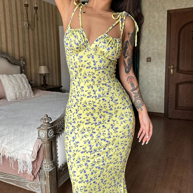 Hugcitar Women Elegant Floral Beach Vacation Bodycon Streetwear Long Dress 2023 Summer Clothes Wholesale Items For Business